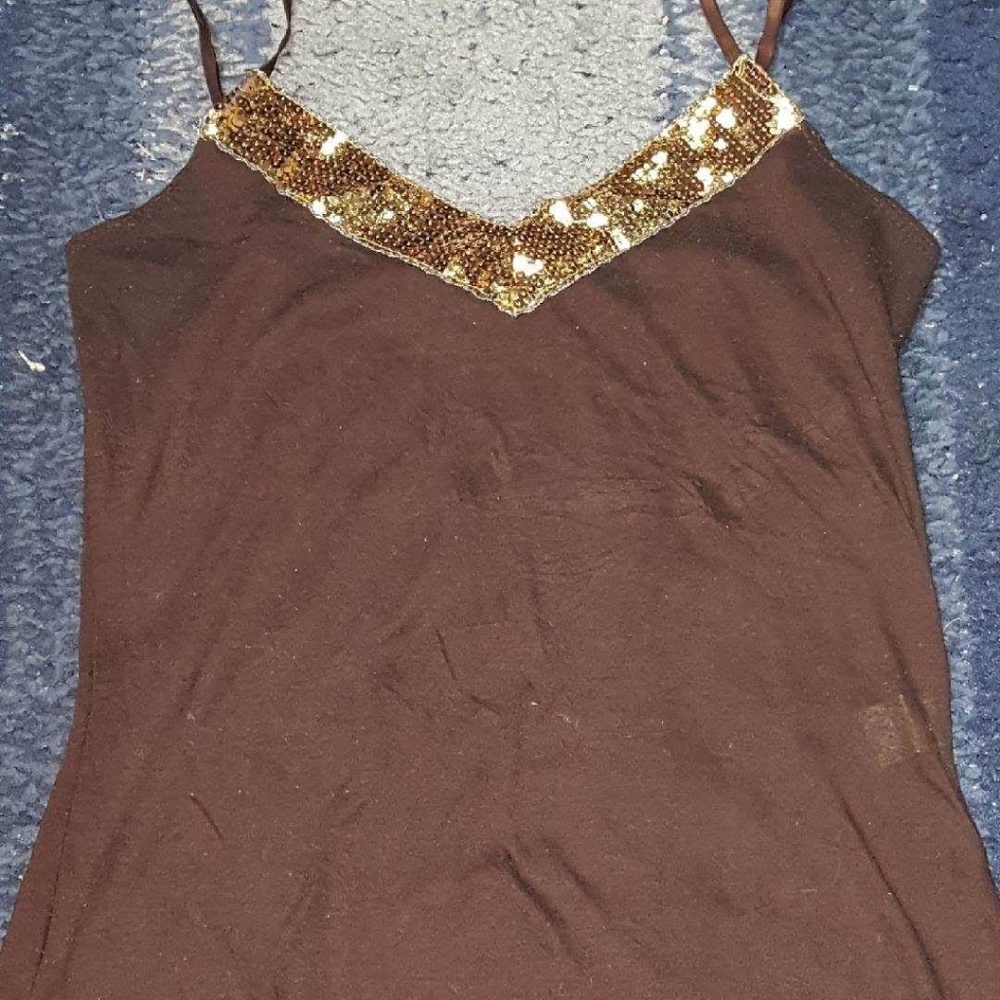 Brown tank with gold sequin embroidery
